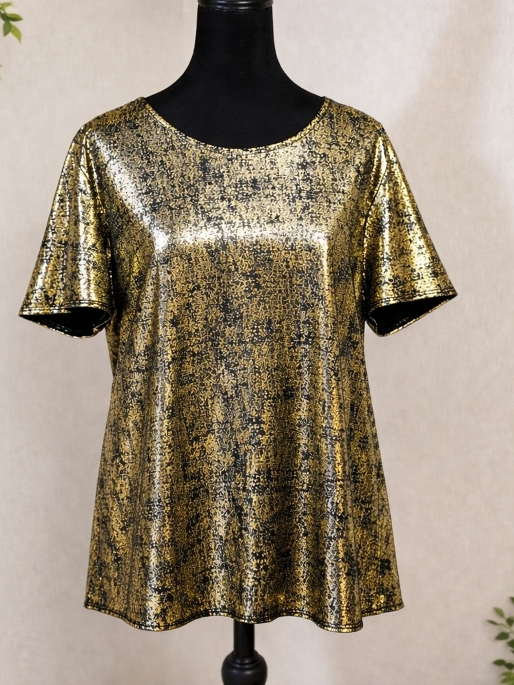 Star Vixen Metallic Gold Black Top 2X Stretch Tunic Party Evening Glam